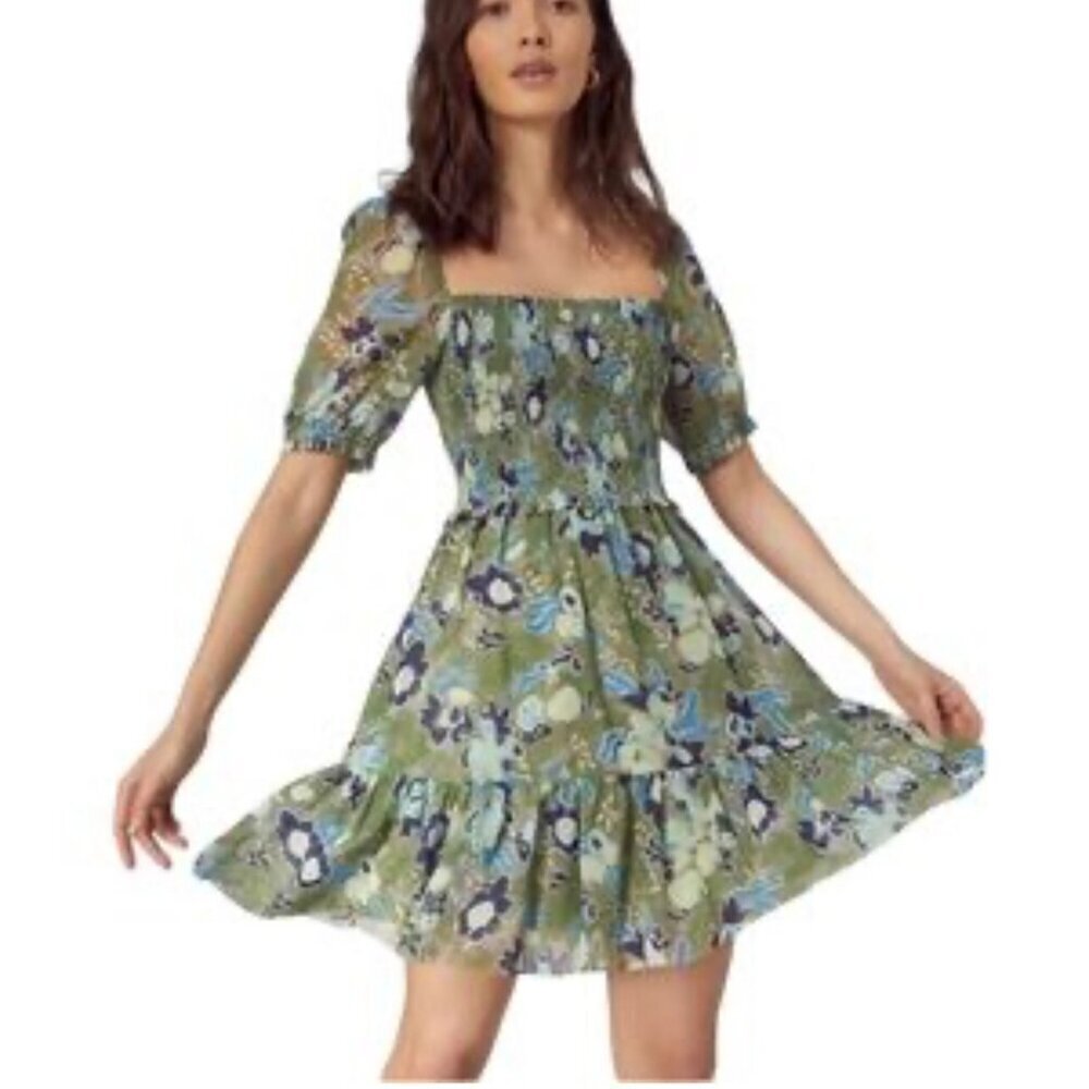 Aritzia Wilfred Green Floral Smocked Dress Women's XXS